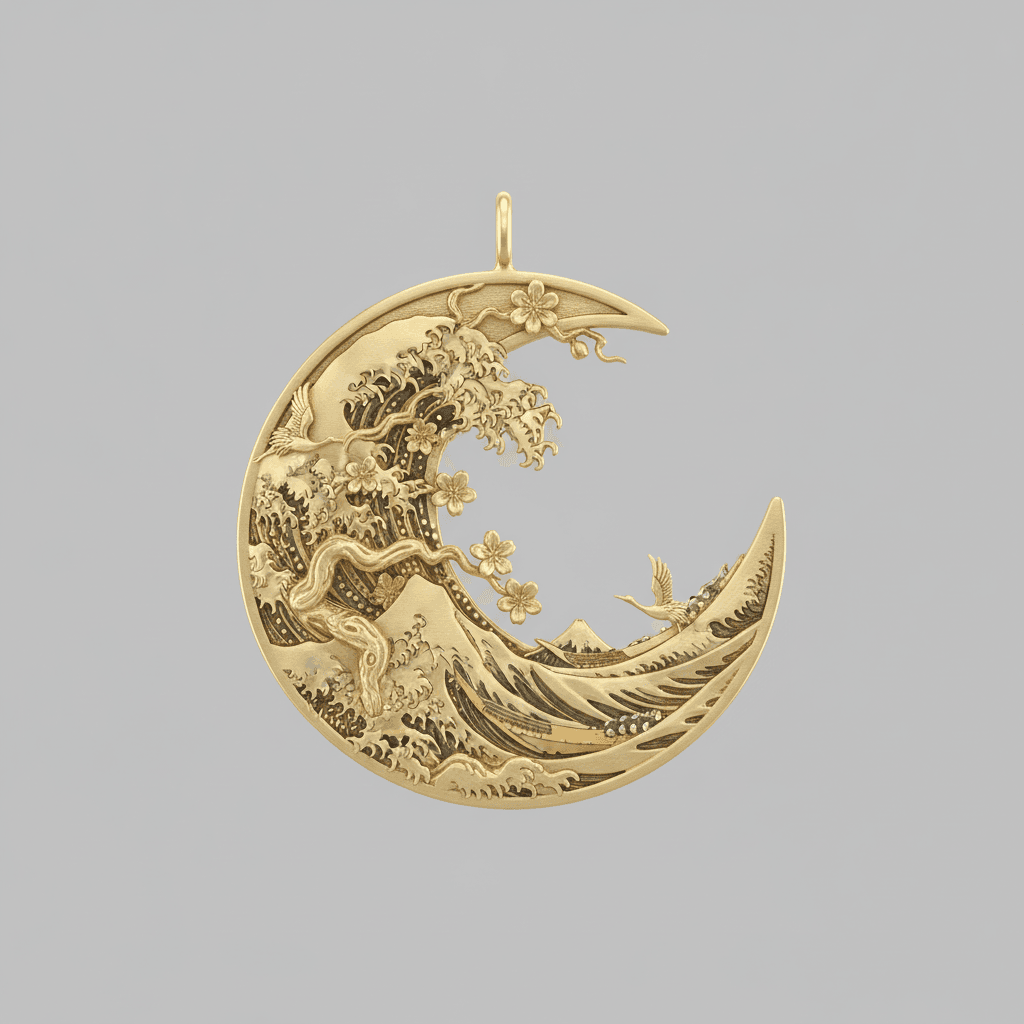 Asymmetrical crescent moon earring inspired by the Great Wave off Kanagawa, 18k brushed yellow gold