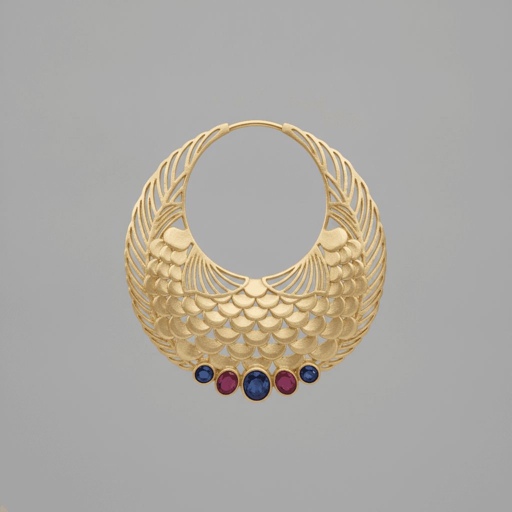 Wide hoop earring inspired by koi fish scales, 18k gold with ruby and sapphire accents