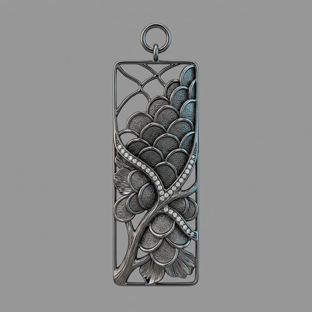 Long rectangular pendant inspired by koi fish scales, oxidized gold with diamond accents