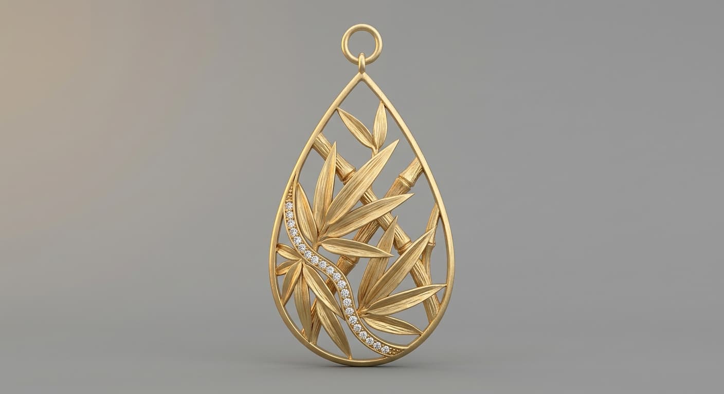 Long teardrop earring inspired by bamboo leaves, 18k brushed yellow gold with diamond accents